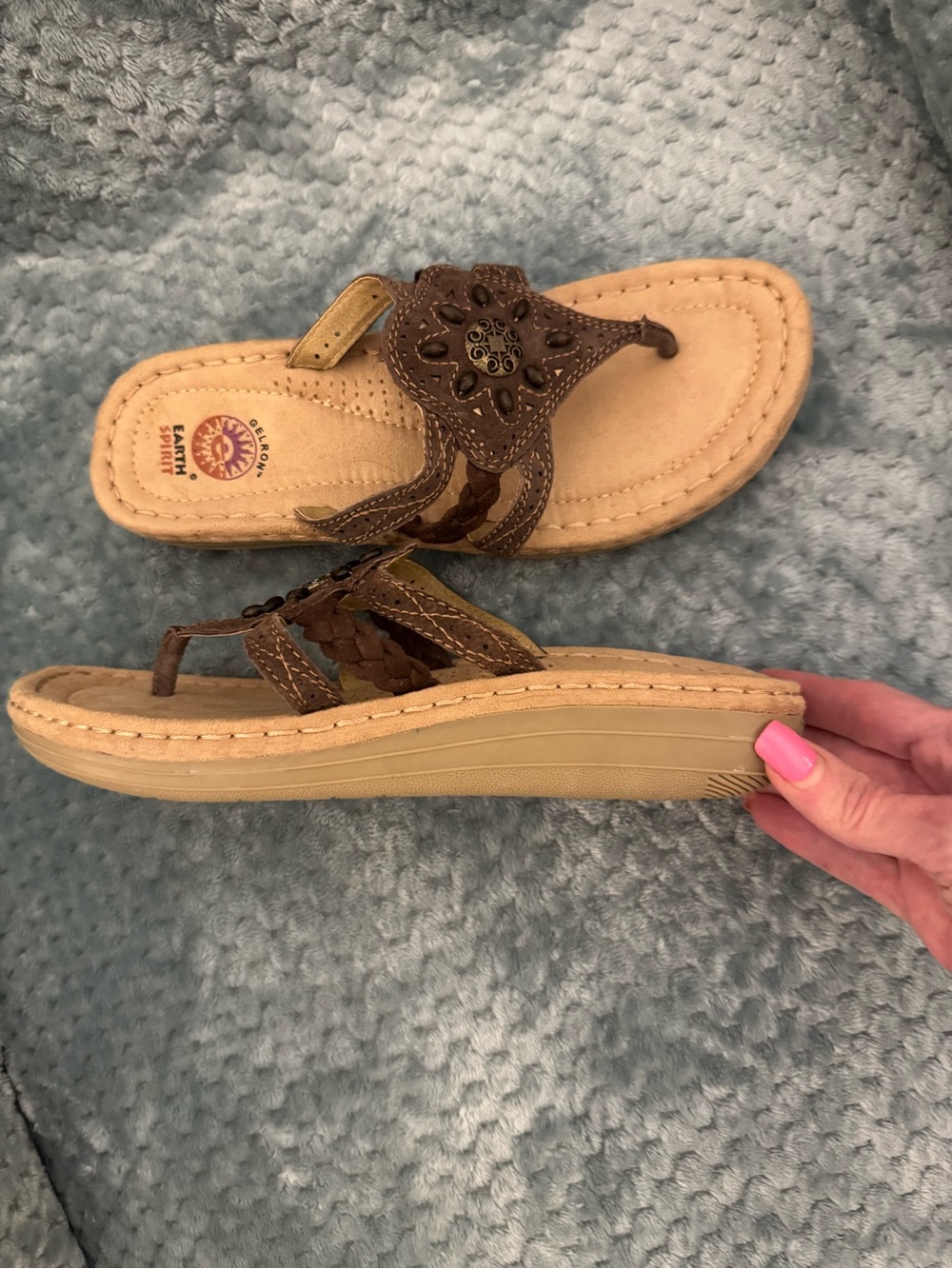 Earth Spirit Taupe Brown Laser-Cut Thong Sandals with Medallion Accent - Picture 5 of 5